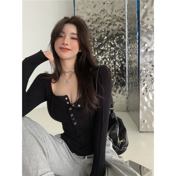 QKOOLE  Áo thun tay dài dáng ôm thời trang Hàn Quốc