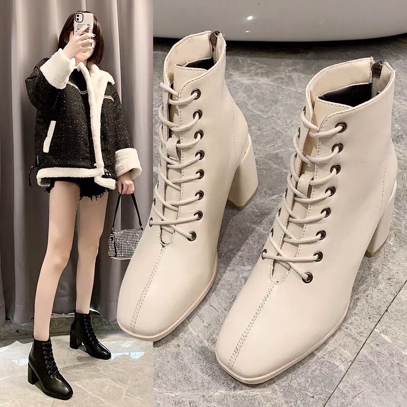 Boots Ulzzang cổ ngắn đan dây gót vuông cao 6cm