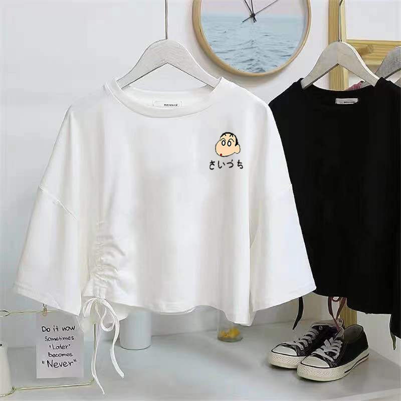 Áo Thun Tay Ngắn Dáng Rộng Phối Dây Rút Phong Cách Hàn Quốc Thời Trang Mùa Hè Cá Tính