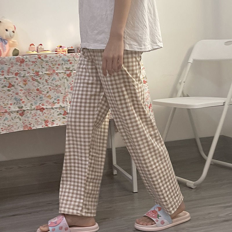 Quần ngủ pijama quần dài kẻ caro nâu dáng suông mặc nhà ullzang Hàn Quốc