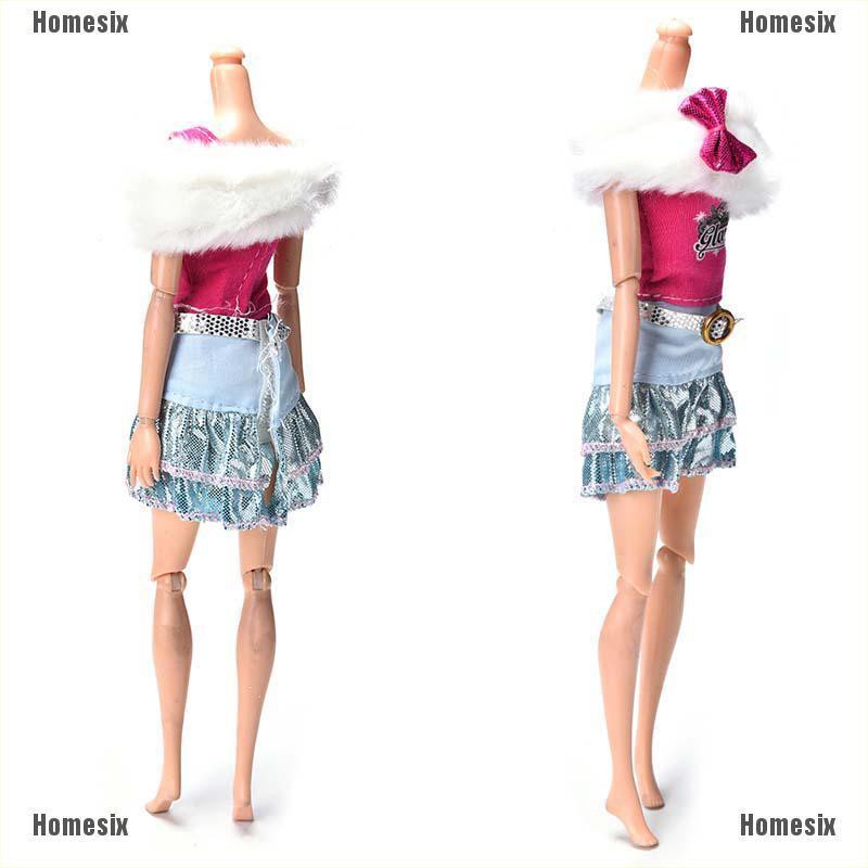 [HoMSI] 3 Pcs/Set White Fur Collar Skirt Suit for Barbie Dolls Pink Vest Fashion Clothes SUU