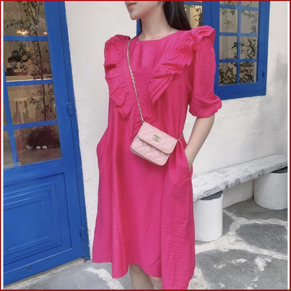 Đầm suông dáng dài COBI Váy đầm cổ tròn phom suông nữ đẹp tay phồng dún bèo trước ngực dưới 60kg bầu bì bon chen | BigBuy360 - bigbuy360.vn