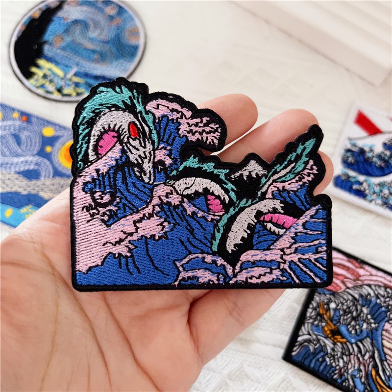 ✿ Miếng Dán Trang Trí Hình Sóng Biển Bầu Trời Đầy Sao ✿ 1 Miếng Dán Ủi Lên Quần Áo & Túi Xách Thêu Hình Chim Ruồi