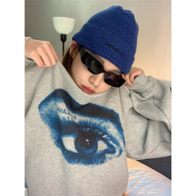 QKOOLE  Áo Hoodie Tay Dài Cổ Tròn In Họa Tiết Phong Cách Hàn Quốc Cho Nữ