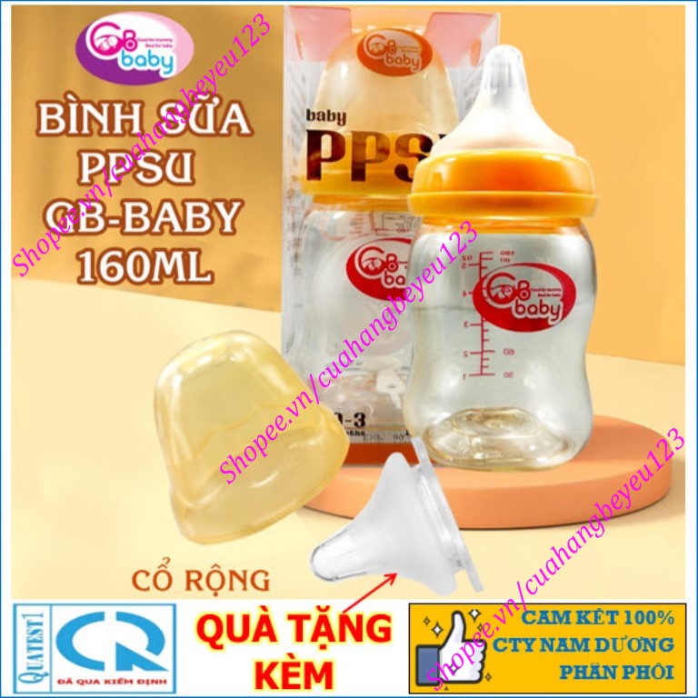 Bình sữa 160ml Cổ rộng PPSU Cao cấp GB Baby (Tặng 1 núm ty GB-baby, Que thông tắc sữa)