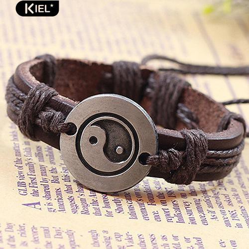 Vòng tay giả da phối mặt hợp kim hình mặt âm dương