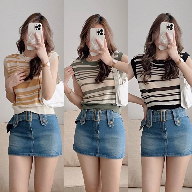 [Ảnh thật/Video]Áo mongtogi sát nách kẻ nhỏ Mina hàng Quảng Châu Áo len ba lỗ loại đẹp