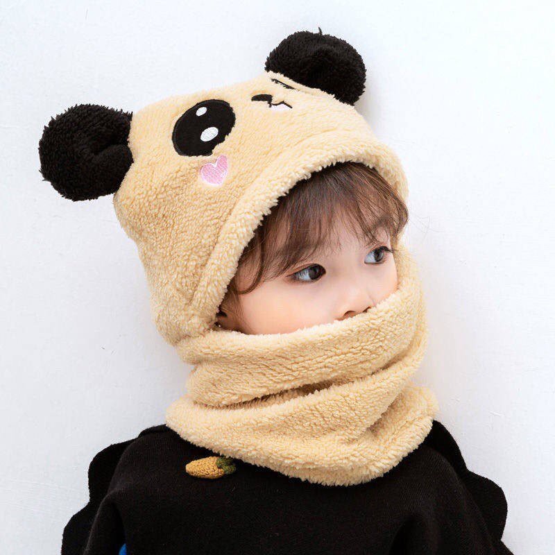 Mũ len trùm đầu tai gấu dễ thương liền khăn cổ giữ ấm chống gió lạnh mùa đông cho bé - mu len trum dau
