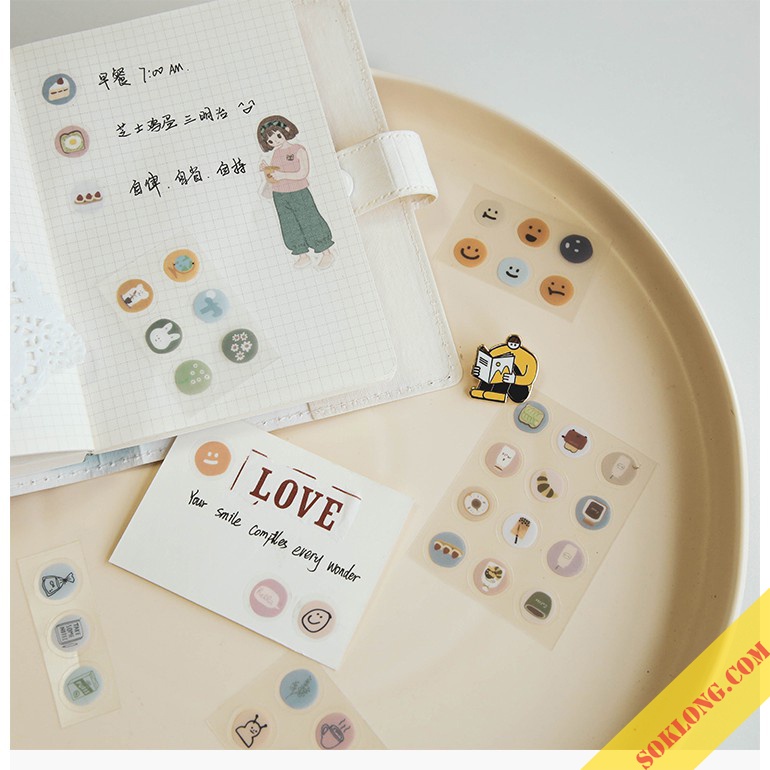 Set 57 sticker miếng dán icon tròn cute hình khuôn mặt/ đồ ăn/ đồ tiện ích Tuệ Minh