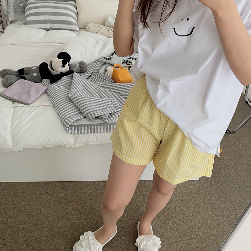 Quần short cotton ống rộng họa tiết sọc caro phong cách Hàn Quốc thời trang xuân hè cho nữ