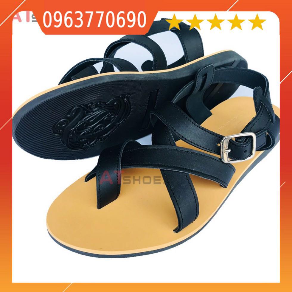 Dép Sandal Unisex cao cấp Da Bò Thật Sandal xỏ ngón nam nữ chuẩn kiểu Hàn Quốc Trẻ Trung Atshoes AT40(Đen Đế vàng)