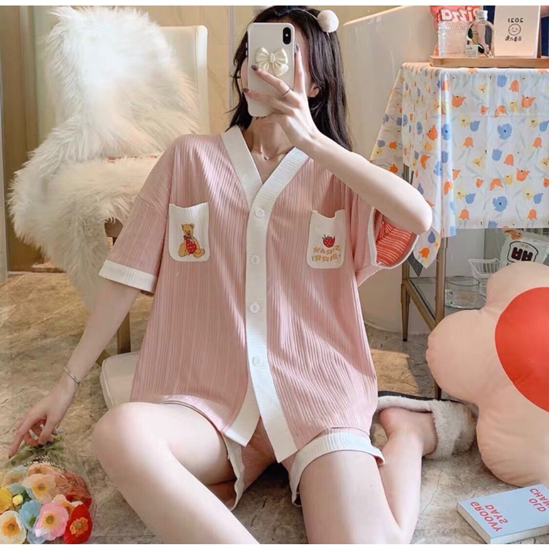 Bộ đồ ngủ nữ pịjama thun cotton hồng gấu form to kèm hình thật