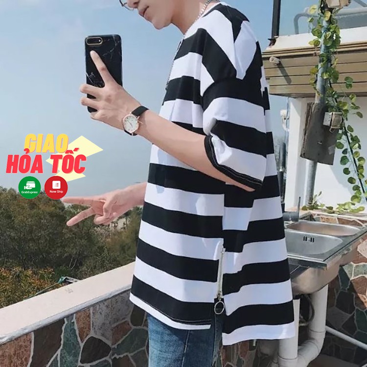 Áo thun unisex tay lỡ Sọc ngang vạt Sole phối Zip