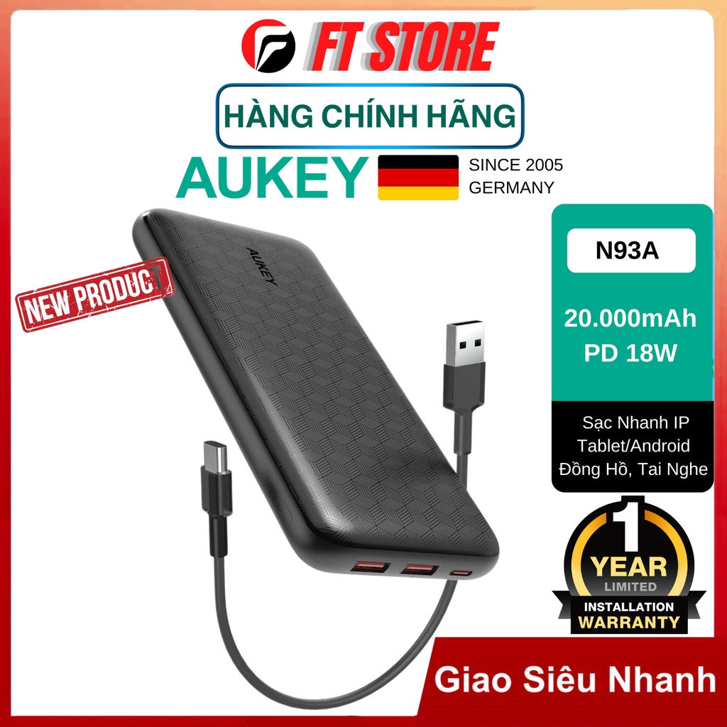 Sạc Dự Phòng Aukey PB-N93A 20000mAh Cổng USB-C Sạc Nhanh PD3.0 18W + USB-A QC 3.0 18W BH12TH