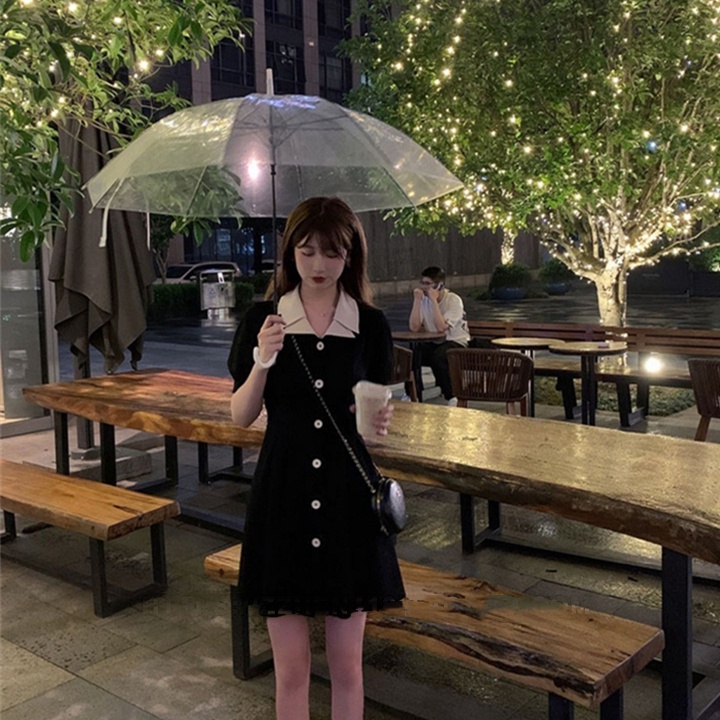 Đầm Perty cổ polo kiểu dáng đơn giản phong cách Hàn Quốc retro cho nữ