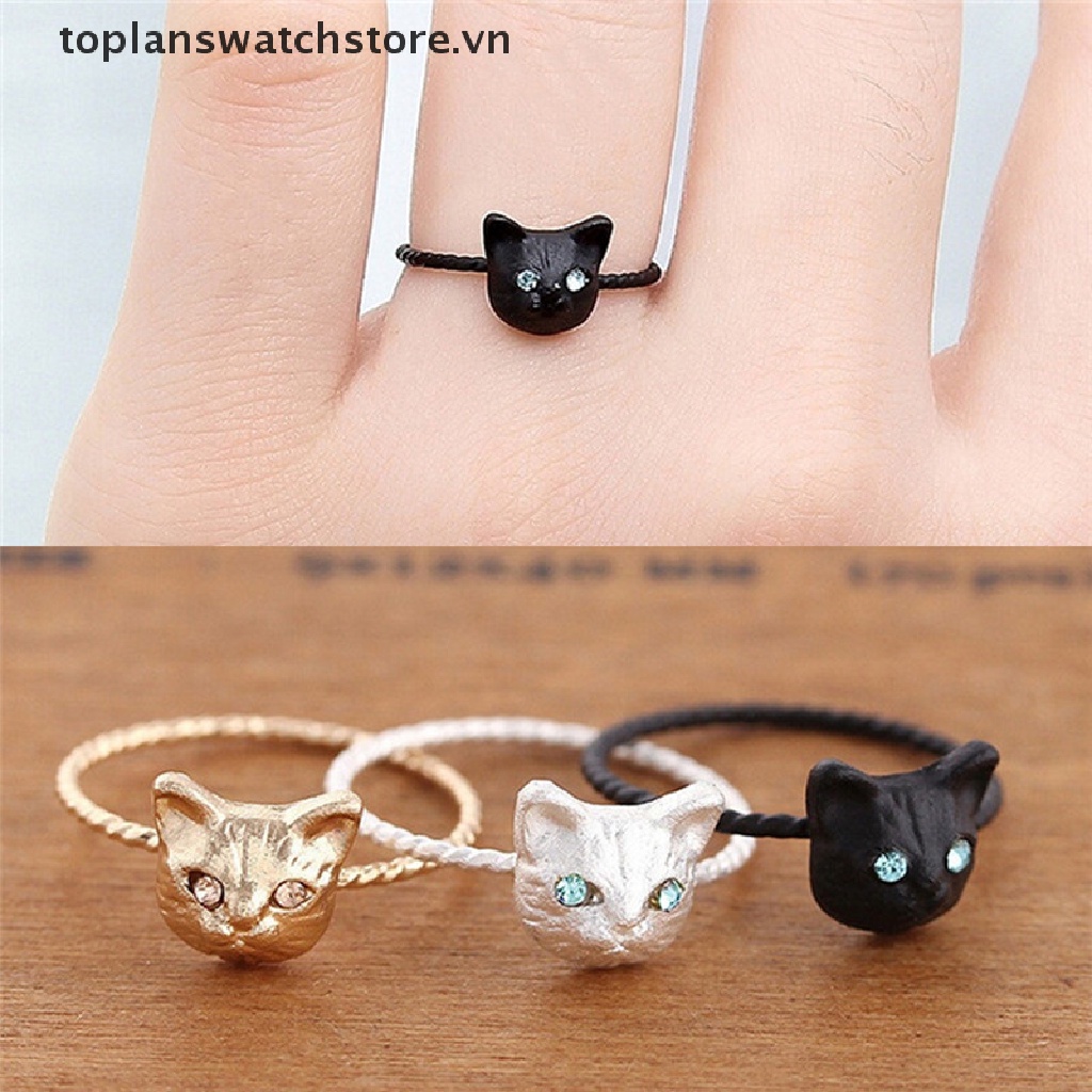 1 Nhẫn Mini Hình Mèo Đính Đá Màu Đen / Vàng / Bạc