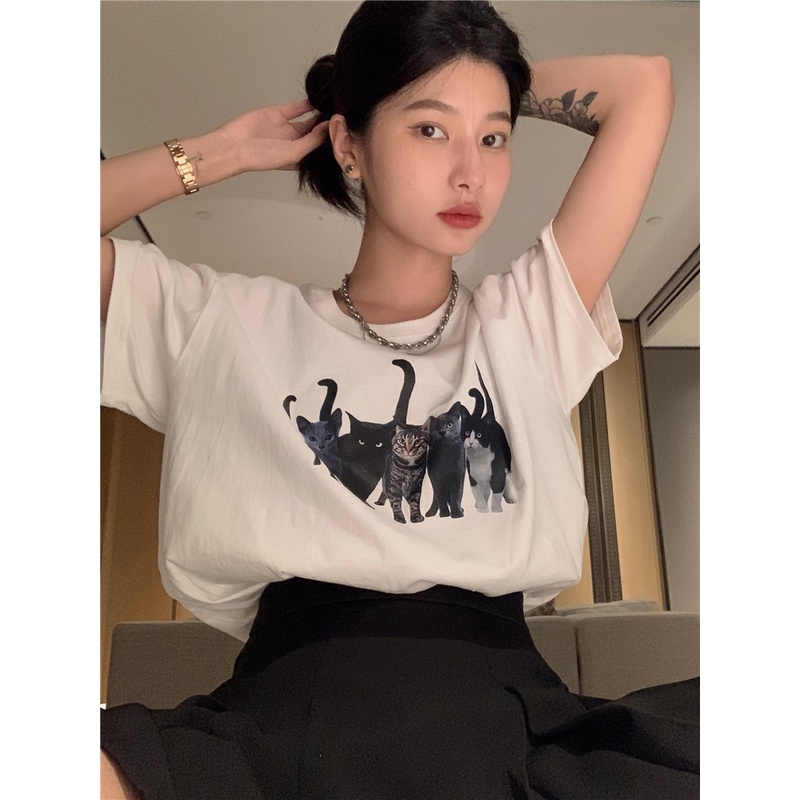 Áo thun Peppermint 50423 vải cotton cổ tròn dáng rộng ngắn tay in hình mèo dễ thương