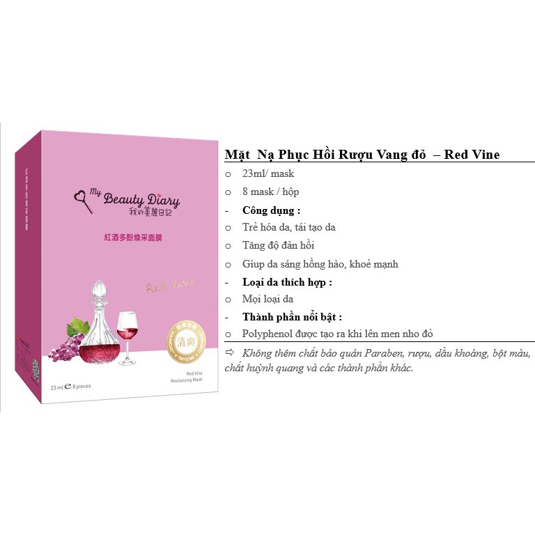 Mặt Nạ Đài Loan My Beauty Diary Rượu vang Red wine - Hộp 8 miếng