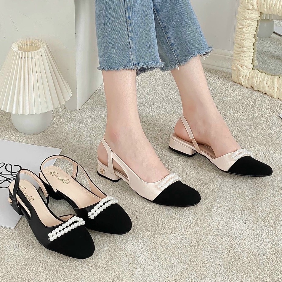 Sandal bít mũi da mịn khoét cạnh viền dây hạt - 2P