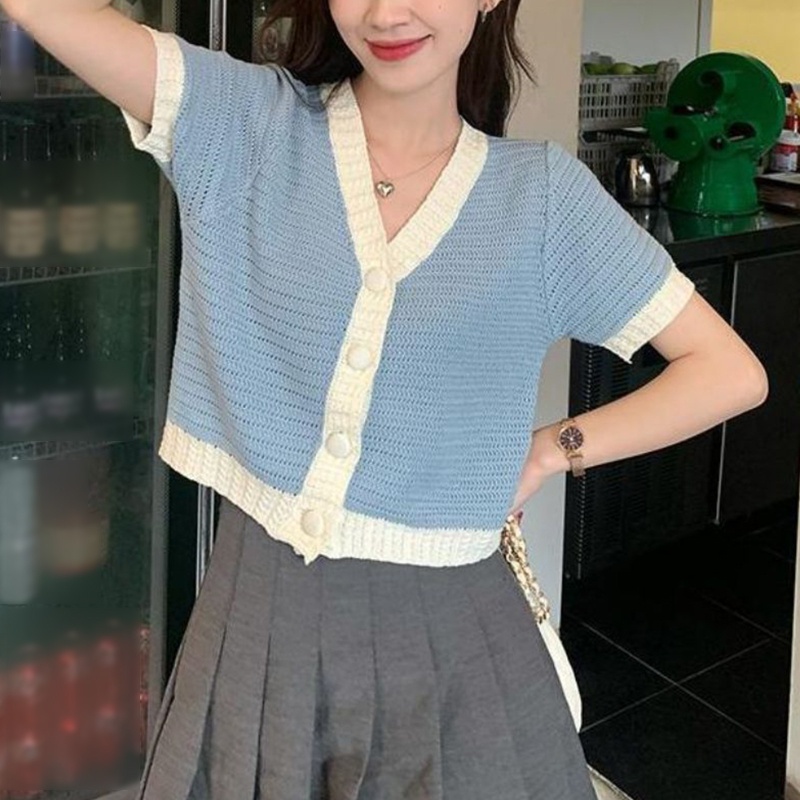 Áo Khoác Cardigan Dệt Kim Mỏng Tay Ngắn Cổ Chữ V Cài Nút Nhiều Màu Sắc Thời Trang Mùa Hè Cho Nữ