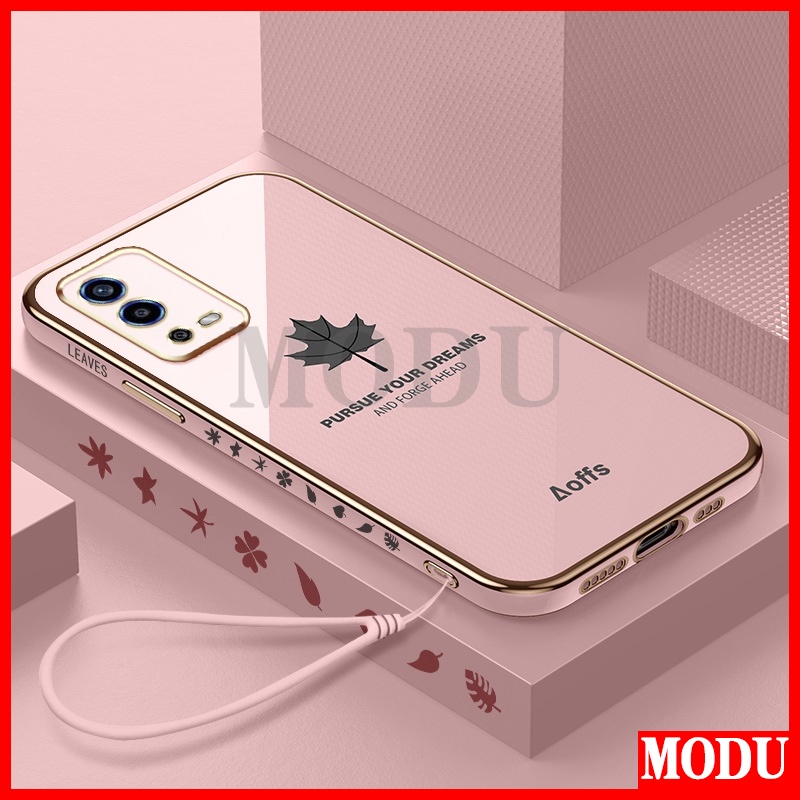 Ốp Điện Thoại Mềm Hình Vuông Mạ Họa Tiết Lá Phong Có Dây Đeo Cho OPPO A55 4G