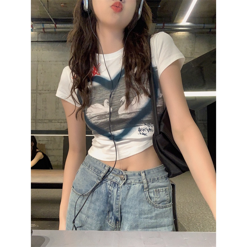 Áo Thun Tay Ngắn Cổ Tròn Dáng Ôm In Họa Tiết Thời Trang Cho Nữ