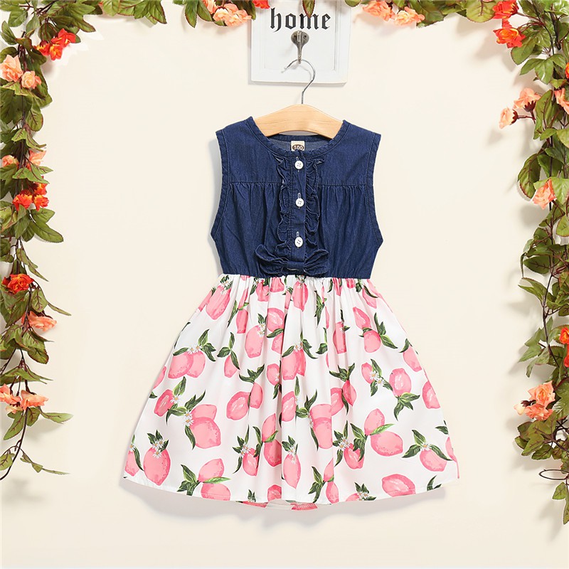 Đầm MIKRDOO vải denim không tay in họa tiết hoa trái cây thời trang mùa hè cho bé gái 1-5 tuổi