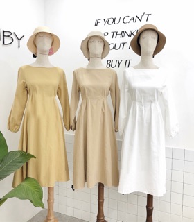 Đầm midi trơn tay bo (kèm hình thật)