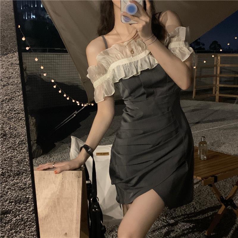 Đầm/Váy trễ vai xám phối ren phong cách hàn quốc | BigBuy360 - bigbuy360.vn