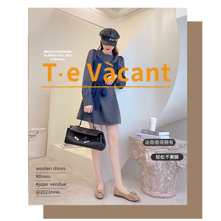 Giày búp bê da mềm mũi vuông đính nơ xinh xắn dễ thương cho nữ