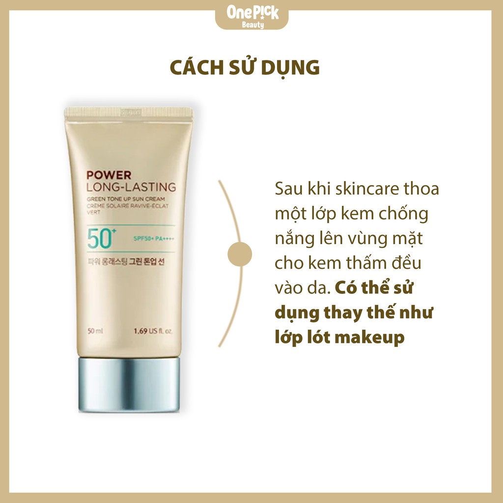 Kem chống nắng The Face Shop SPF50+ PA++++, nâng tone, làm dịu da, kháng nước vượt trội và ngăn ngừa bụi mịn cho làn da rạng rỡ dưới ánh mặt trời [POWER LONG LASTING GREEN TONE UP SUN CREAM SPF50+ PA++++ THE FACE SHOP 50ML]