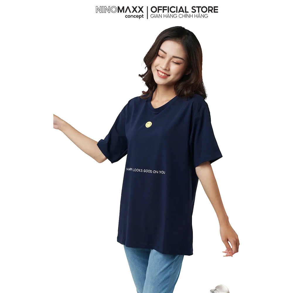 Ninomaxx áo thun nữ Graphic form rộng chất cotton 2203028