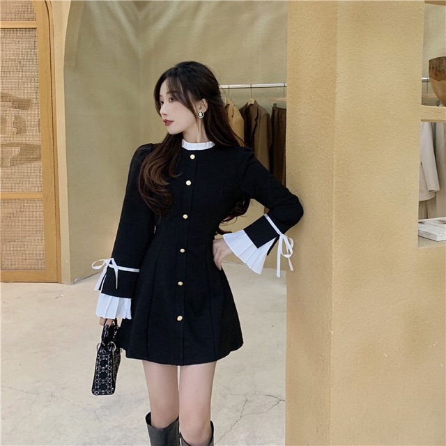 (SẴN S) Váy ôm eo xoè nhẹ, cổ phối bèo, tay xếp ly buộc nơ chất vải co dãn (có ảnh thật) | BigBuy360 - bigbuy360.vn