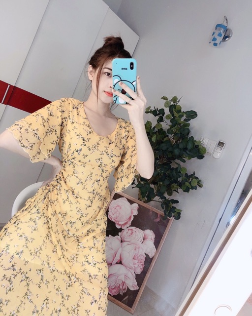Đầm maxi tay loe rút đùi 2 lớp