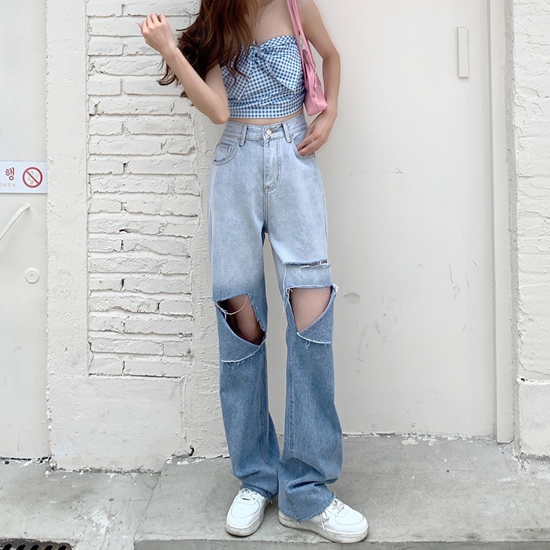 Quần Jeans Dài Rách Gối Thời Trang Dành Cho Nữ