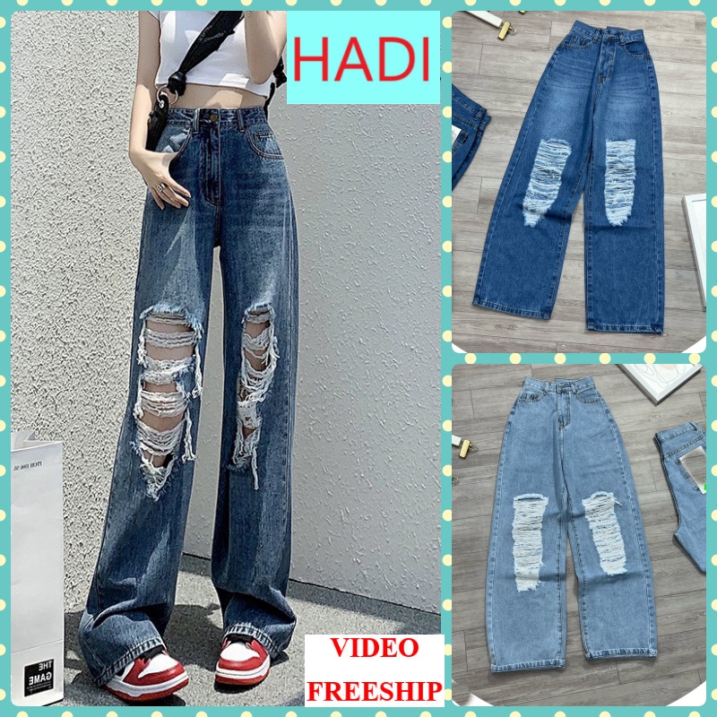 [VIDEO+FREESHIP ] QUẦN JEAN ỐNG RỘNG NỮ LƯNG CAO RÁCH MẢNG CHỮ NHẬT 2 ĐÙI TE TUA XANH NHẠT XANH ĐẬM CÁ TÍNH HADI