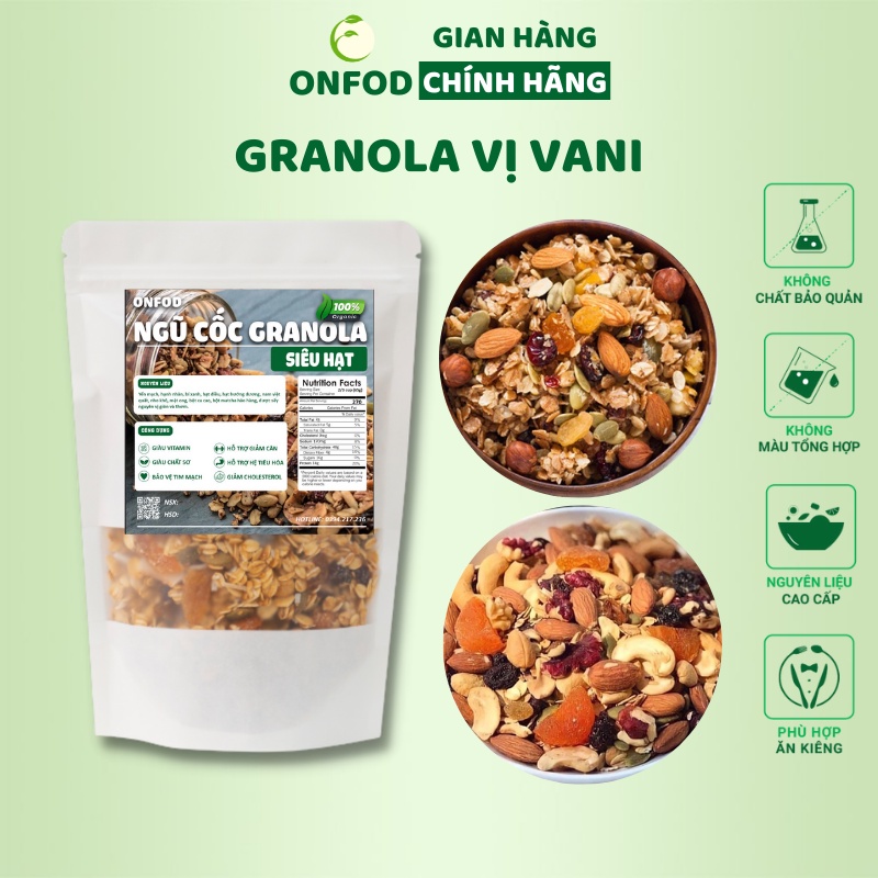 Ngũ cốc granola siêu hạt ONFOD vị vani dành cho người ăn kiêng, giảm cân, tiểu đường 250g 500g