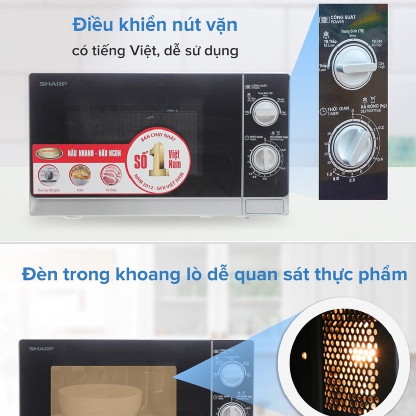 Lò Vi Sóng Sharp Không Có Nướng Núm Xoay Cơ 20l Hâm Nóng Đồ Ăn Công Suất 700W - 800W