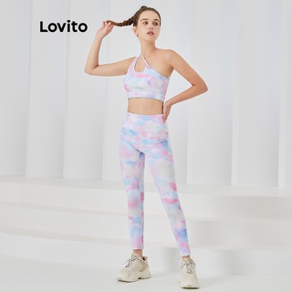Bộ quần áo thể thao Lovito L04030 dáng ôm lệch vai màu trắng in hình thời trang