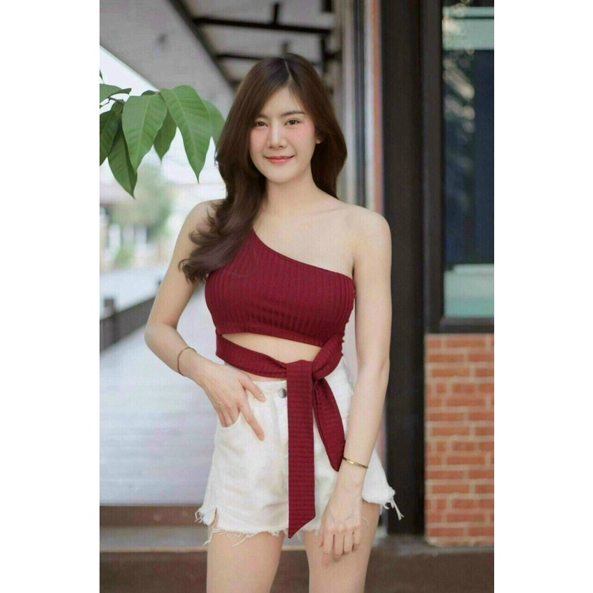 [ Miễn phí ship 2022] Áo kiểu nữ, áo lệch vai hở eo cột dây, áo thun gân ôm croptop đi chơi sexy, tôn dáng