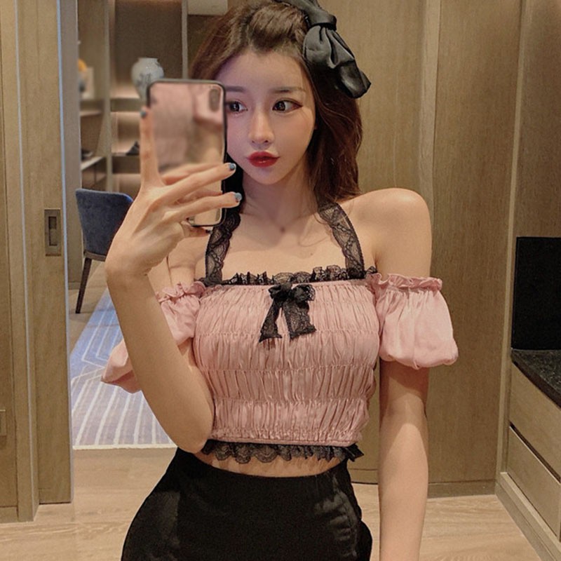 Áo croptop yếm ren trễ vai xinh xẵn cho nữ