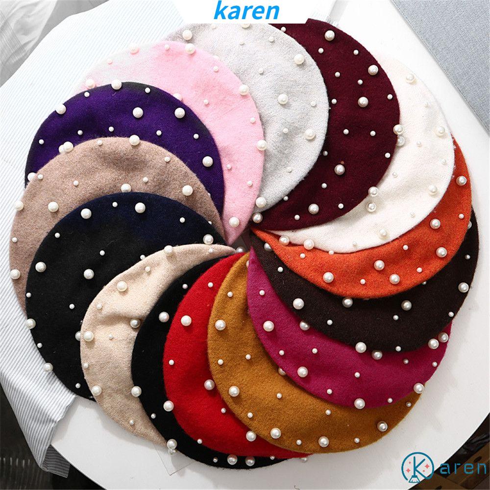Nón Beret Vải Len Ấm Áp Đính Ngọc Trai Có Thể Điều Chỉnh Kiểu Họa Sĩ Pháp Thời Trang Mùa Đông Cho Nữ
