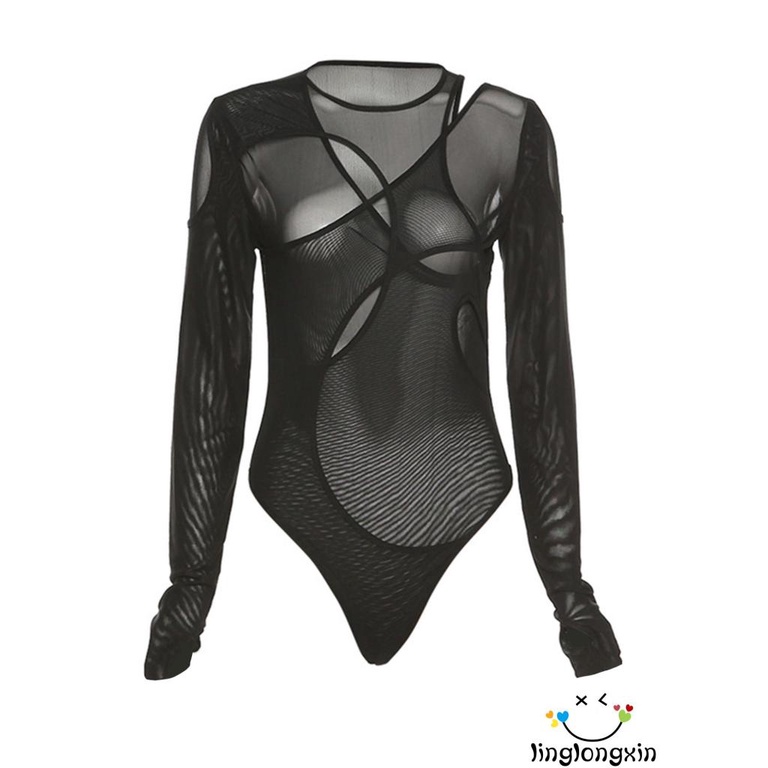 Bộ Áo Liền Quần Tam Giác Tay Dài Màu Trơn Xuyên Thấu Thời Trang Mùa Xuân Cho Nữ Linglongxi2