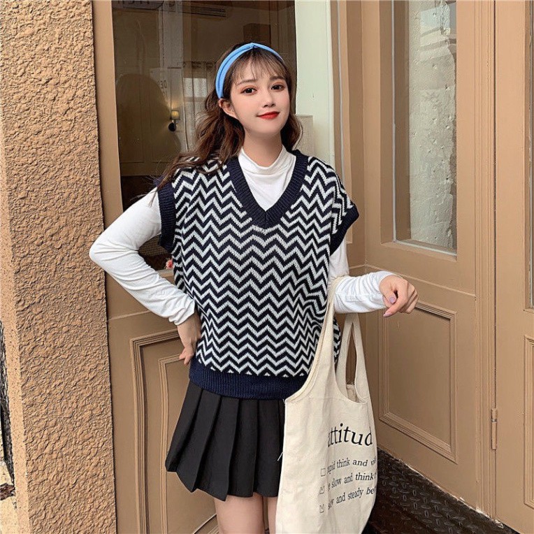 Áo Len Gile Nữ Thời Trang, Áo Gile Len Sóng FreeSize Màu Xanh Tím Than Ulzzang Hàng Quảng Châu