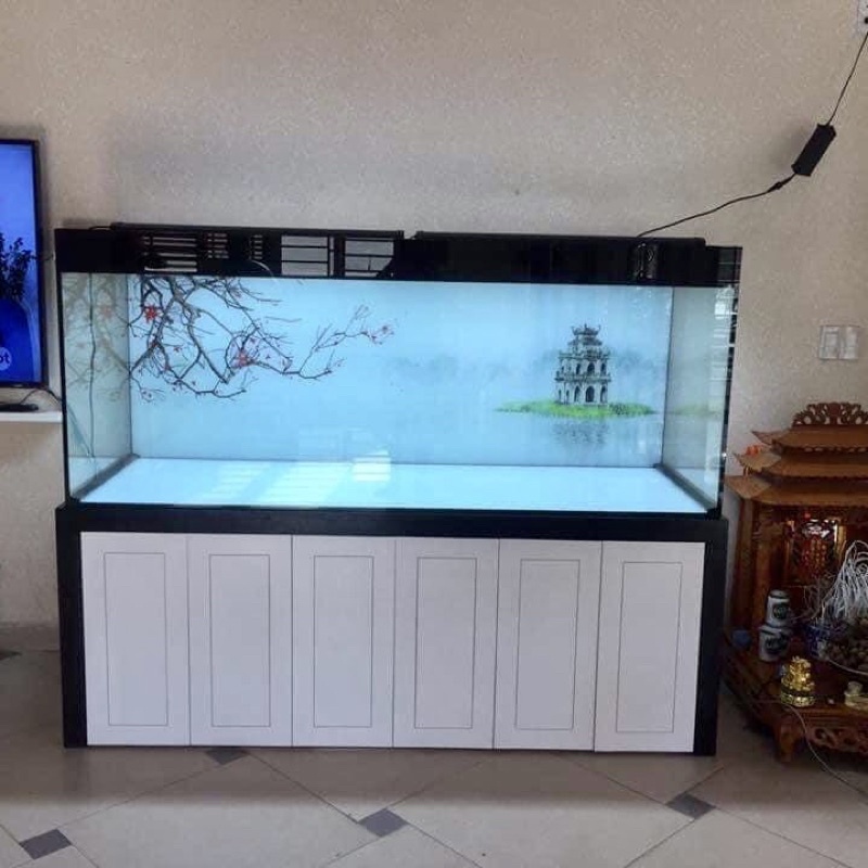 Tranh 3D dán bể cá mẫu hồ gươm siêu đẹp, tranh có keo sẵn trên bề mặt, có thể làm theo kích thước yêu cầu