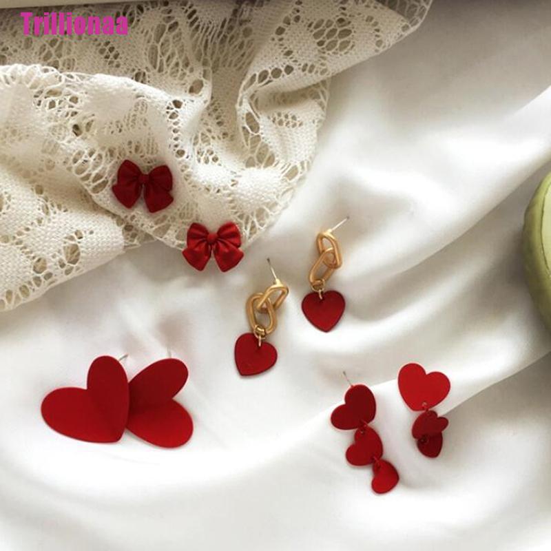 Bông Tai Hình Nơ / Trái Tim Màu Đỏ Ngọt Ngào Thời Trang Cho Nữ