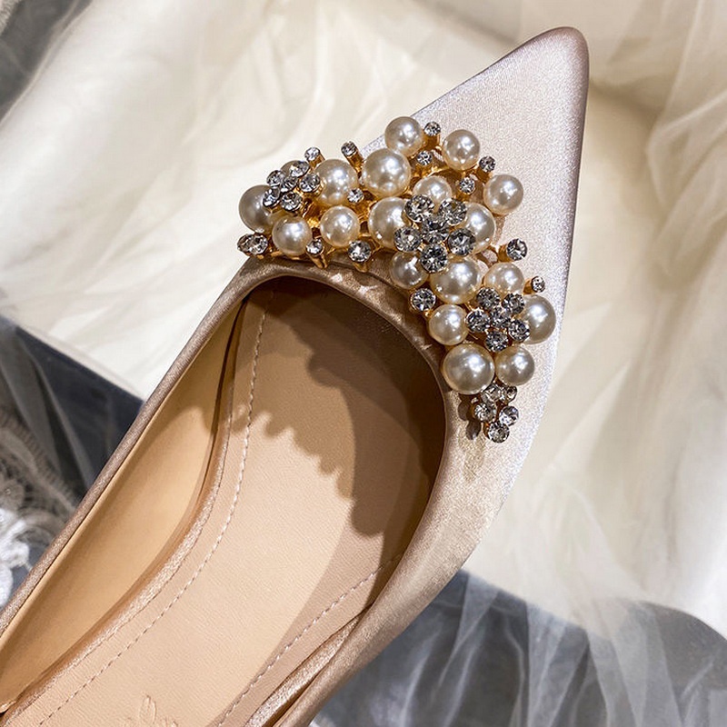 Giày Búp Bê Mũi Nhọn Bằng Satin Đính Đá Ngọc Trai Giả Cỡ 33-44 Cho Cô Dâu