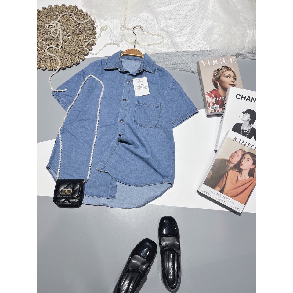 Áo sơ mi bò nữ , sơ mi jean trơn cộc tay form rộng - Ngọc Uyên Store