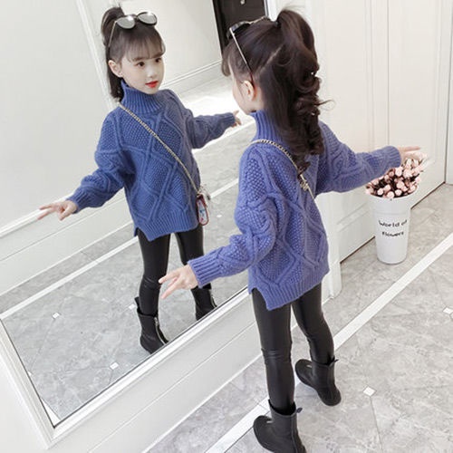 Áo Len Cổ Lọ Bé Gái Plus Lông Cừu Thu Đông 2021★Áo Sweater Chui Đầu Phong Cách Phương Tây Cho Bé Gái★Quần Áo Trẻ Em Đan
