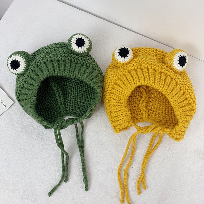 Mũ Len beanie Màu Trơn In Hình Ếch Hoạt Hình Giữ Ấm Mùa Đông